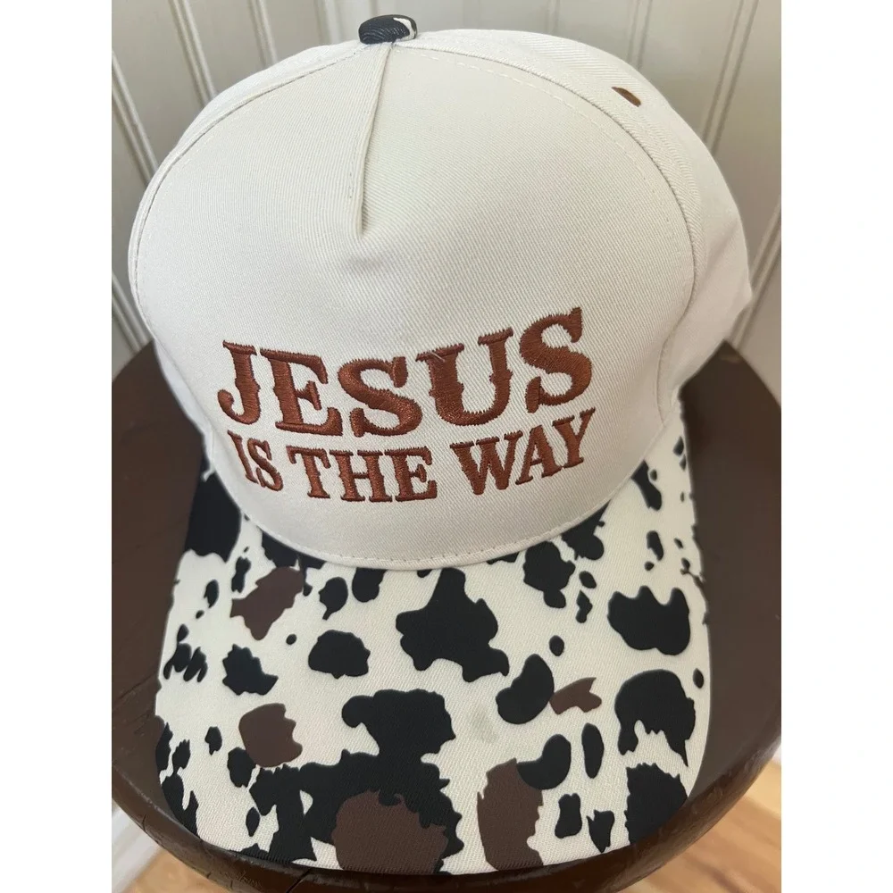 Jesus Is The Way Trucker Hat Cow Print Brim Cream Snapback Baseball Cap